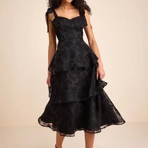 Lulu's Black Tiered Lace Midi Dress with Tie Straps